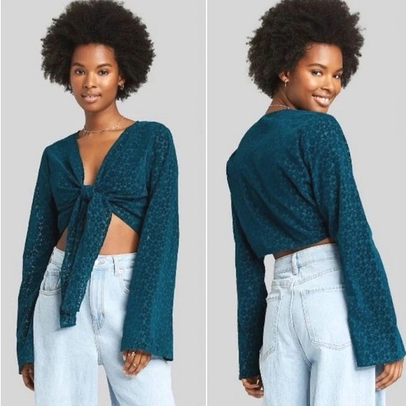 wild fable Tops - NWOT Women's Velvet Long Bell Sleeve Tie-Front Blouse inTeal Blue Floral, Size S